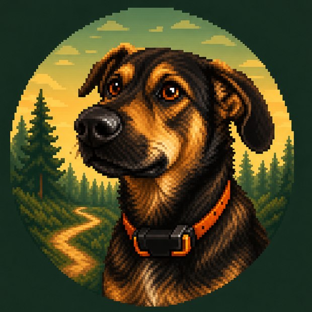 Bjørn — pixel-artowy portret psa w pomarańczowej obroży na tle sosnowego lasu o zachodzie słońca.