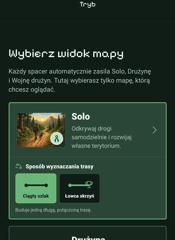 Ekran wyboru widoku Solo z opcjami Ciągły szlak i Łowca skrzyń.